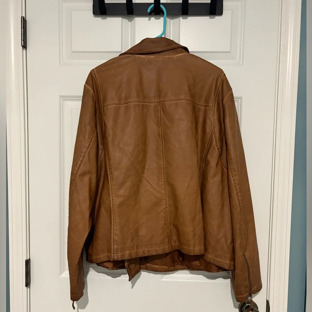 Max Studio Brown Faux Leather Moto Jacket Asymmetrical Zipper - Picture 3 of 8